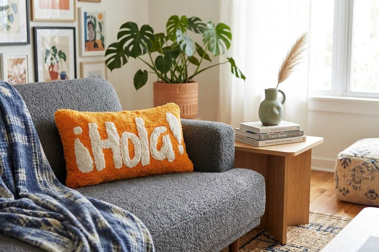 Almofada laranja com texto Hola em relevo tufted num sofá cinzento