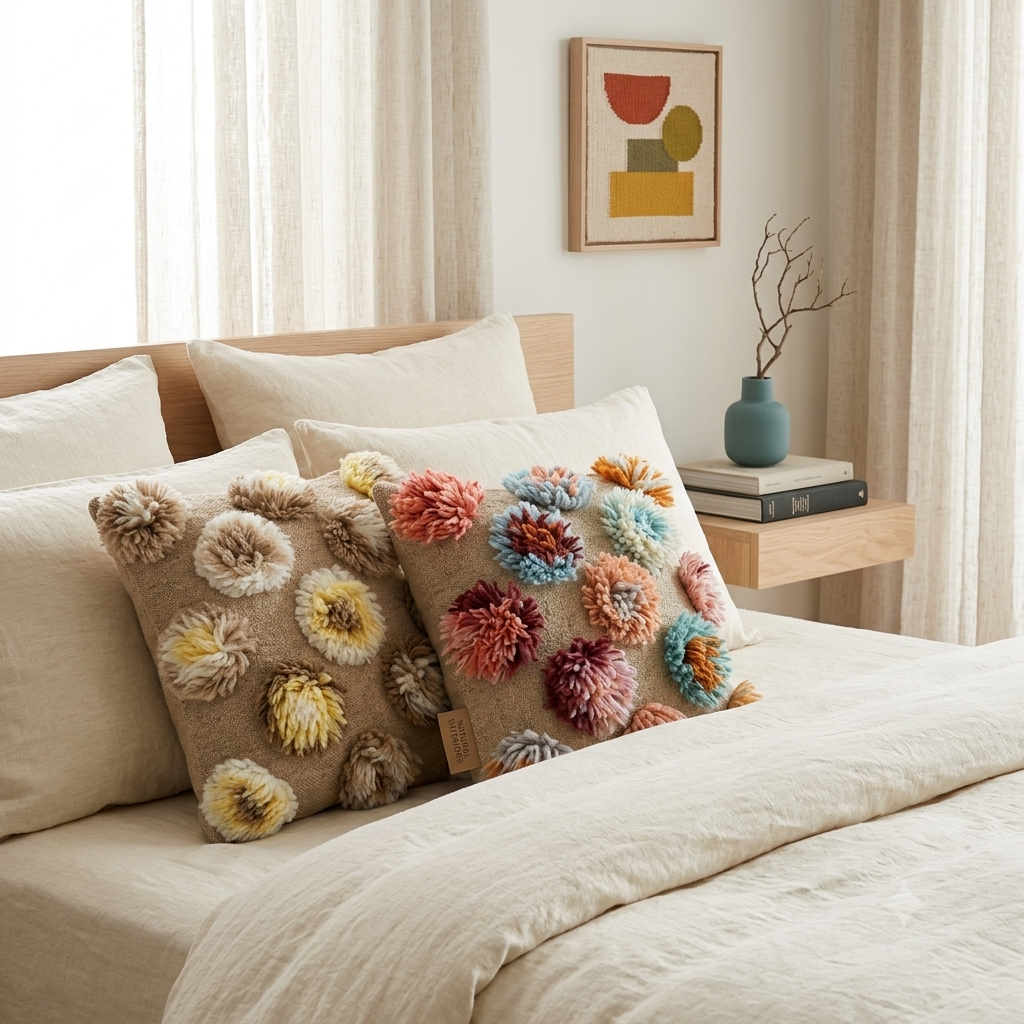 Almofada tufted bege com flores coloridas em relevo numa cama branca