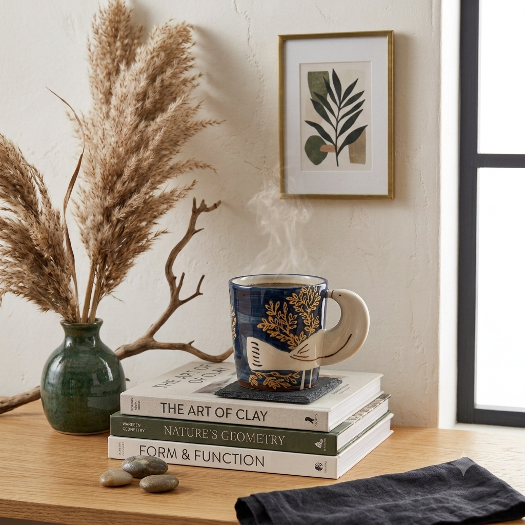 Caneca em cerâmica azul escura com padrão botânico dourado em cima de livros