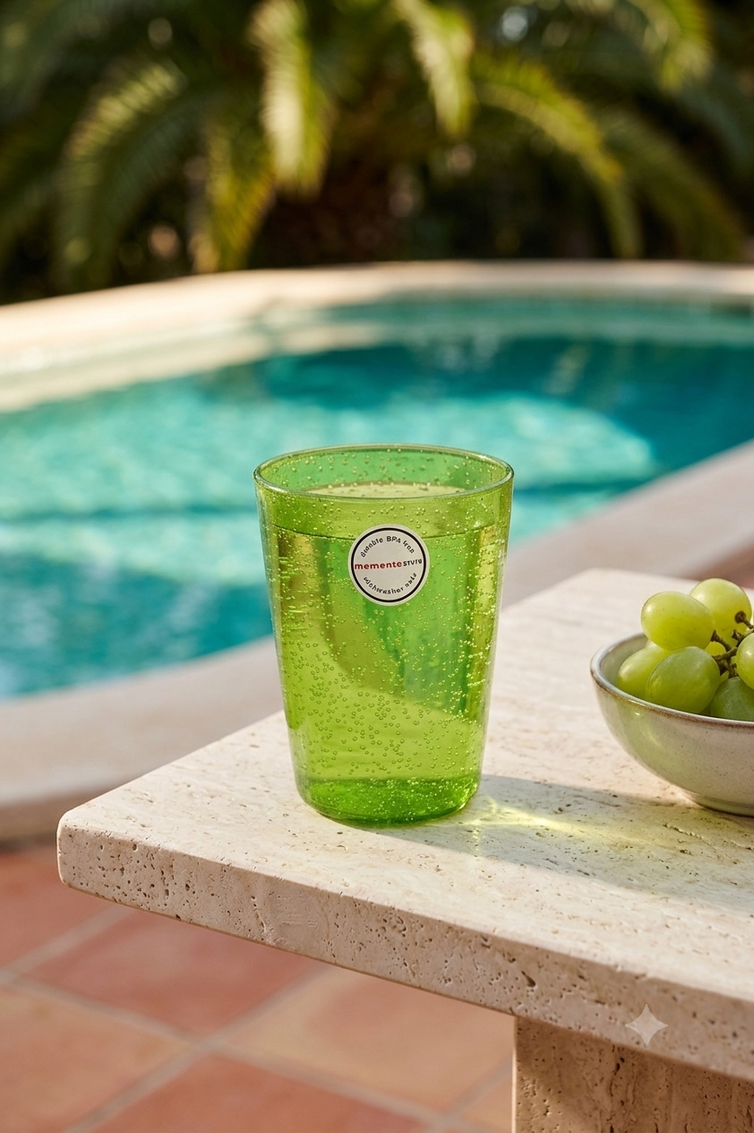 Copo em vidro verde artesanal junto a uma piscina no verão