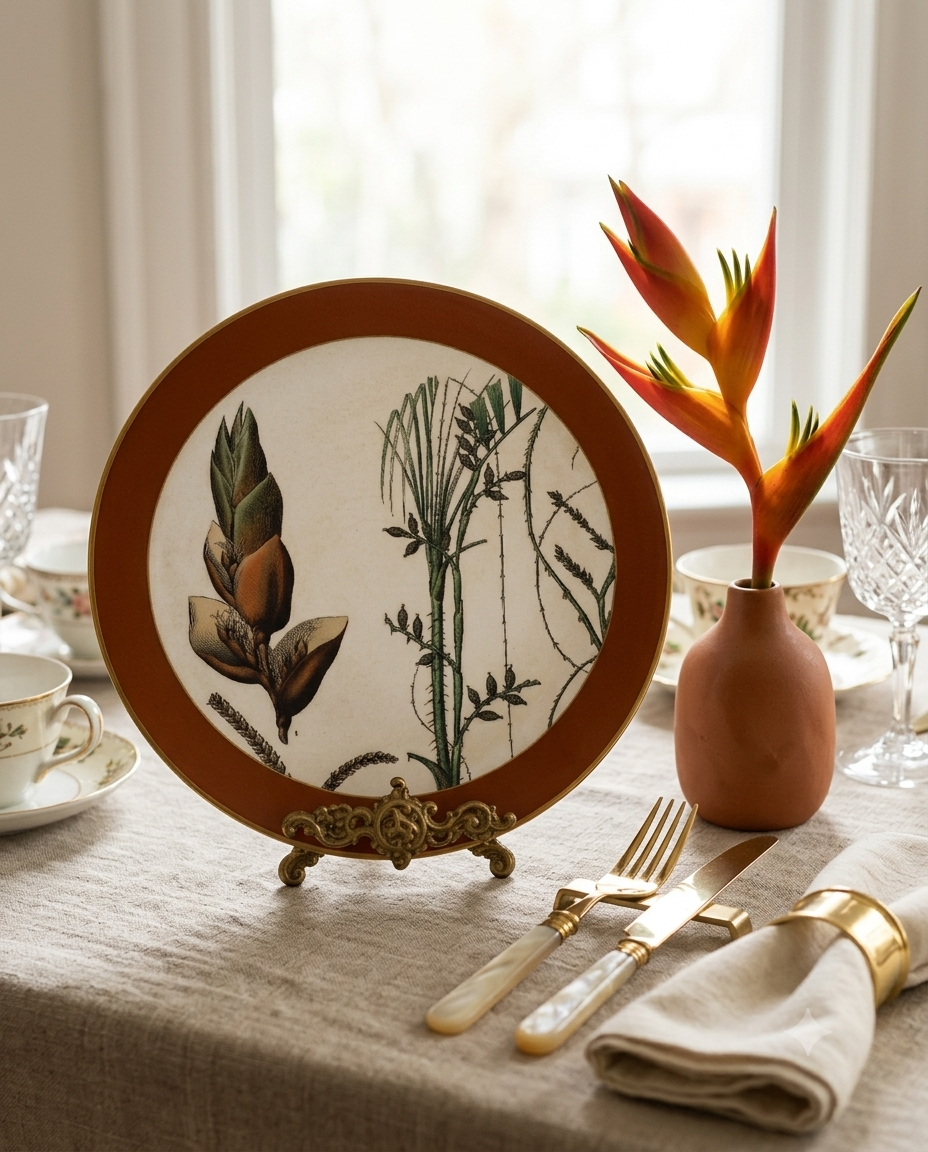 Prato decorativo com borda em terracotta e ilustração botânica de plantas tropicais