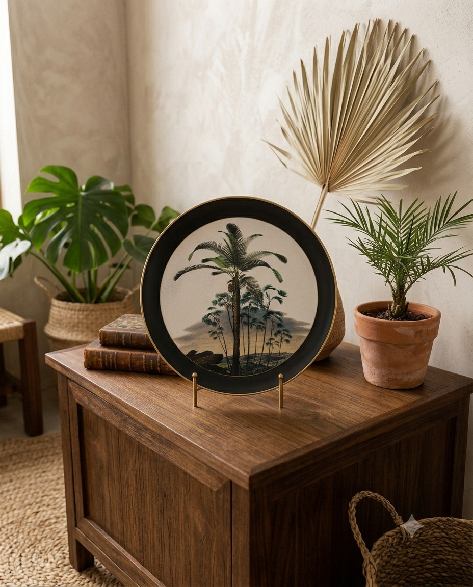 Prato decorativo Porta de Ferro com ilustração de palmeira tropical